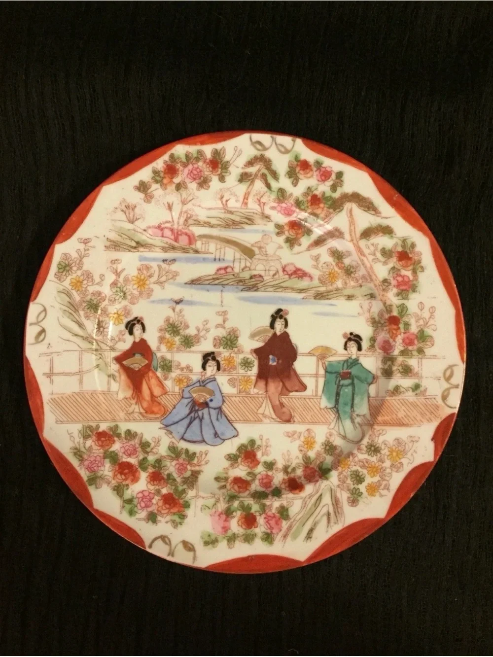 Vintage Decorative Plate with Geisha Scene in Red, Blue, Green